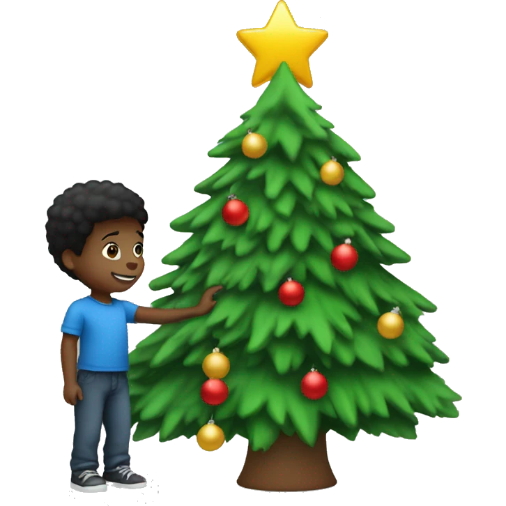 Little black boy putting up Christmas tree emoji