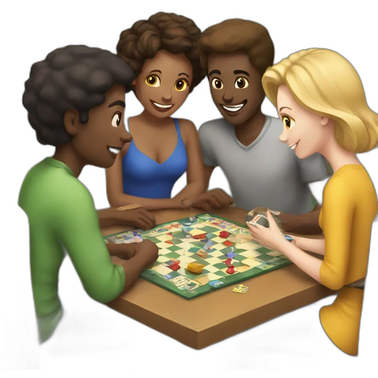 Four white friends playing board game emoji