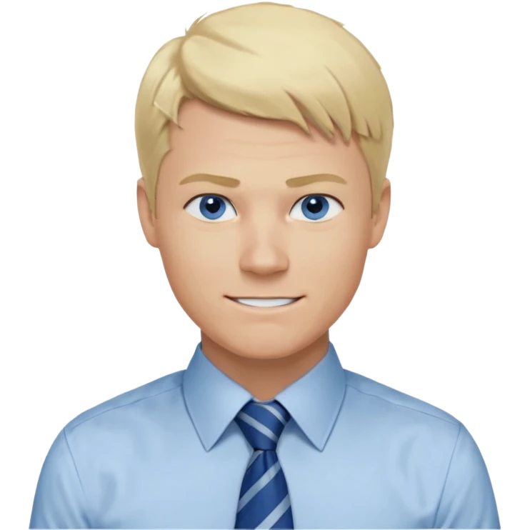 A guy with blonde hair and blue eyes that looks masculine. make him wear a shirt with a tie. he is danish. Make 4 diferent variations. in one he is smilin. in one he is angry emoji