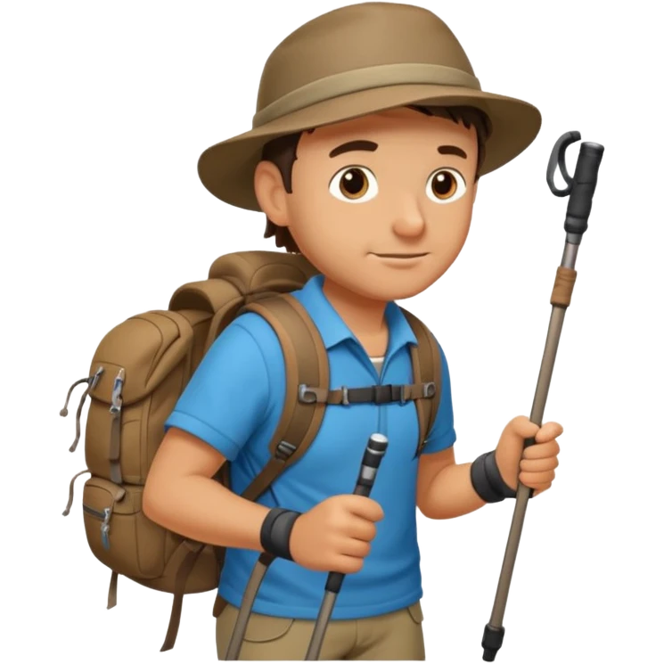 A rugged hiker adjusting hiking poles while preparing for a trek.


 emoji
