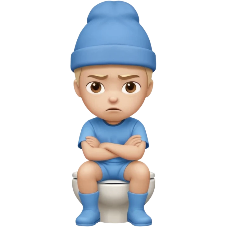 3D cartoon child with a slightly different face, wearing the same style blue hat and blue outfit, sitting on a toilet, angry expression, arms crossed, pastel children’s animation style." emoji