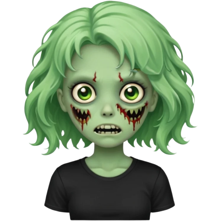 crie um emoji de uma garota zoombie verde assustadora e fofa com cabelo ondulado 2b e camiseta básica preta emoji