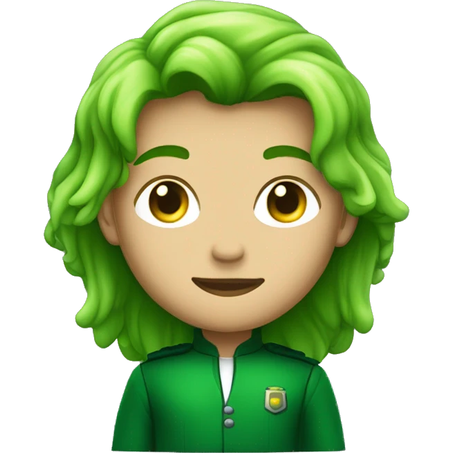 Heroe con pelo verde desordenado y traje verde oscuro joven emoji