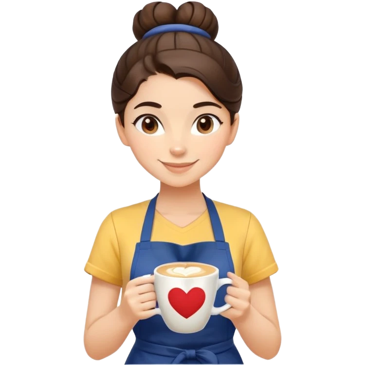 Cute brunette barista girl with hair in a bun wearing yellow shirt and dark blue apron, she's relaxed and making heart-shaped latte art, smiling at the coffee cup with a heart design in the foam emoji