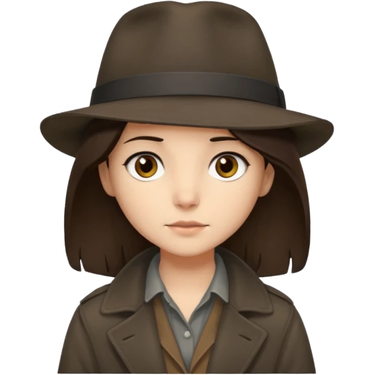 Hobo tomboy with shoulder-length center-parted dark brown hair. brown eyes, dark dull brown coat, grey shirt. emoji