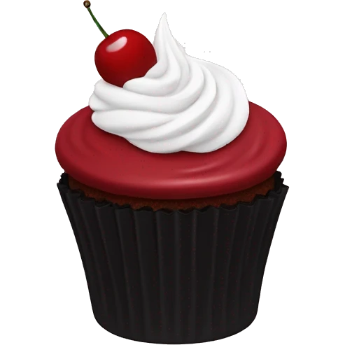 Dark red cherry cupcake with white frosting on top with black cupcake case  emoji