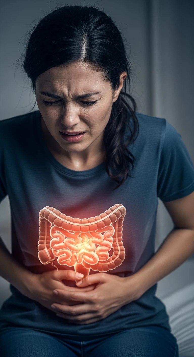 donna stressata con intestino umano anatomico in evidenza, iperrealistica 4k emoji