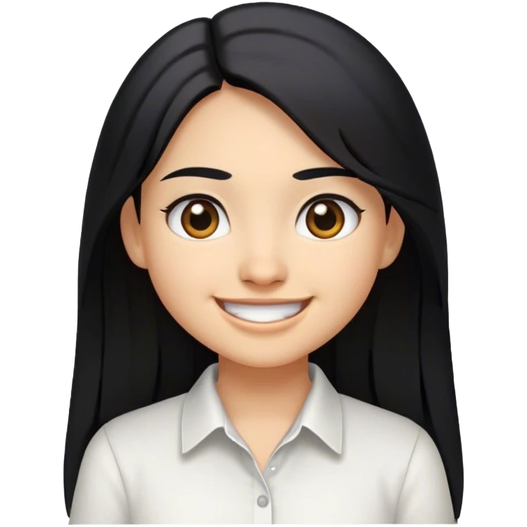 Chica sonriendo con camisa blanca, color de cabello negro, cabello largo, color de piel trigueña, ojos un poco pequeños  emoji