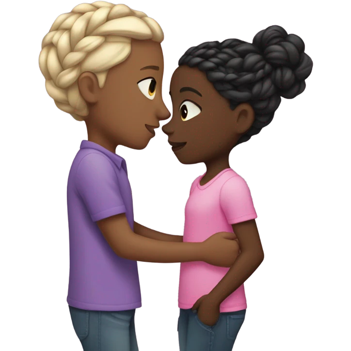 a dark skinned boy wearing a purple shirt, and silver earrings. kissing a lightskin black girl wearing a pink shirt with braids .  emoji
