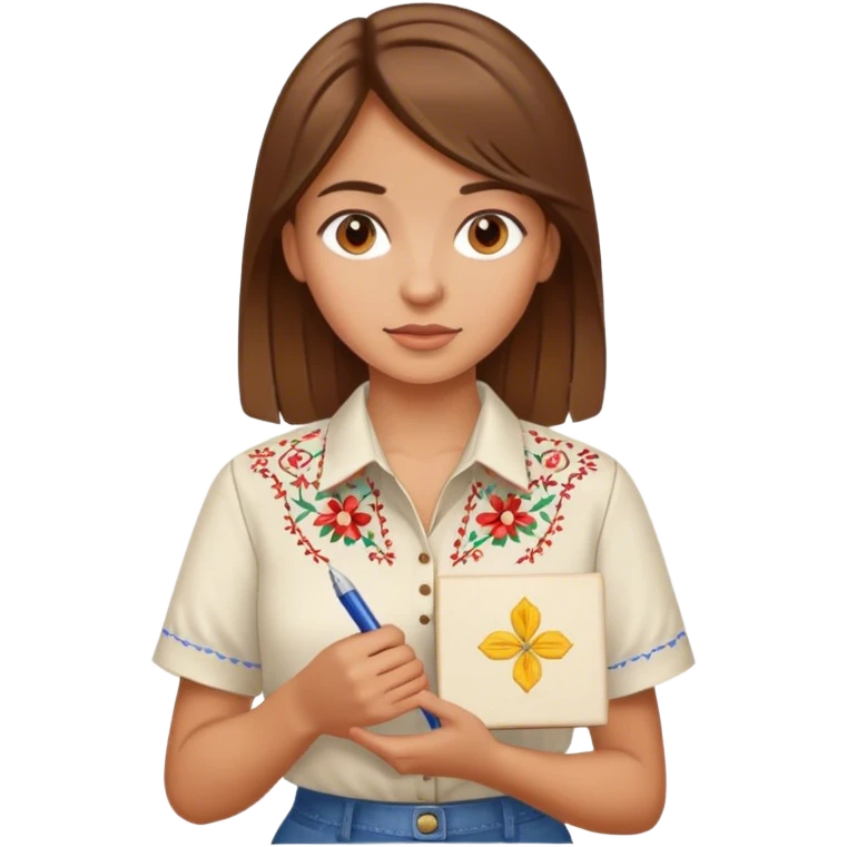 A Ukrainian girl with brown hair in an embroidered shirt holds a diagram in her hand emoji