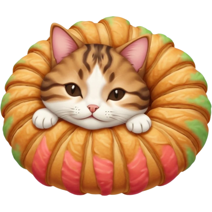 dark brown tabby and white cat in croissant position upside down with eyes closed emoji