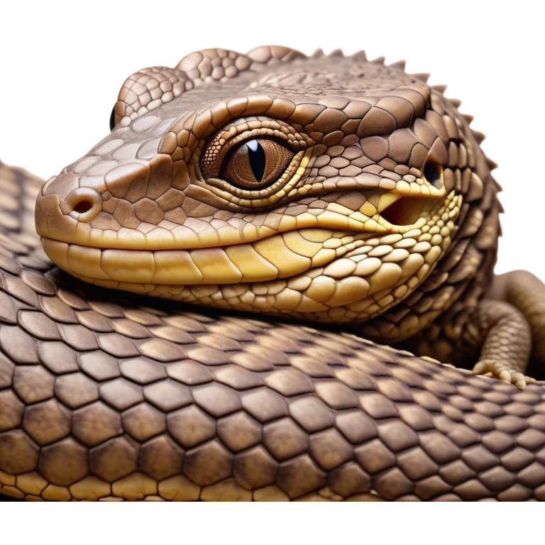 Meme-Worthy cute Sleeping brown camo spotted monitor Lizard Portrait Emoji, Head resting peacefully with a contented smile, showcasing intricately patterned scales and eyes gently closed in serene slumber, Simplified yet comically adorable features, highly detailed, glowing with a soft, drowsy earthy light, high shine, relaxed and utterly lovable, stylized with an air of playful laziness, bright and heartwarming, soft glowing outline, capturing the essence of a sleeping reptilian guardian that feels destined to become the next viral icon of adorable rest! emoji