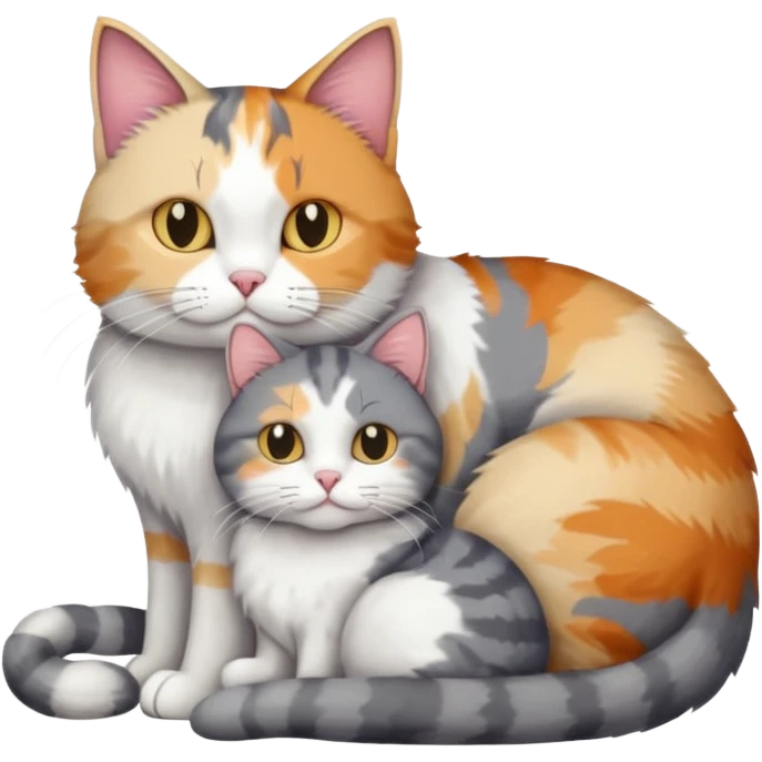 full body colourful light patched calico + white tabby cat cuddling a large grey and white cat  emoji