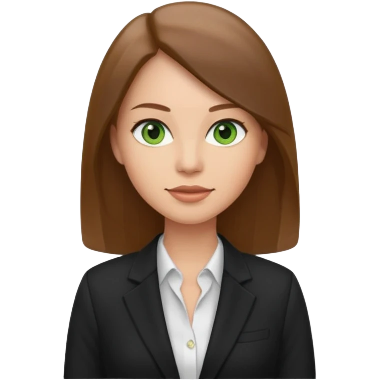 Adult woman avatar, light skin tone, oval face, straight long brown hair, green eyes, neutral mouth, business casual  emoji
