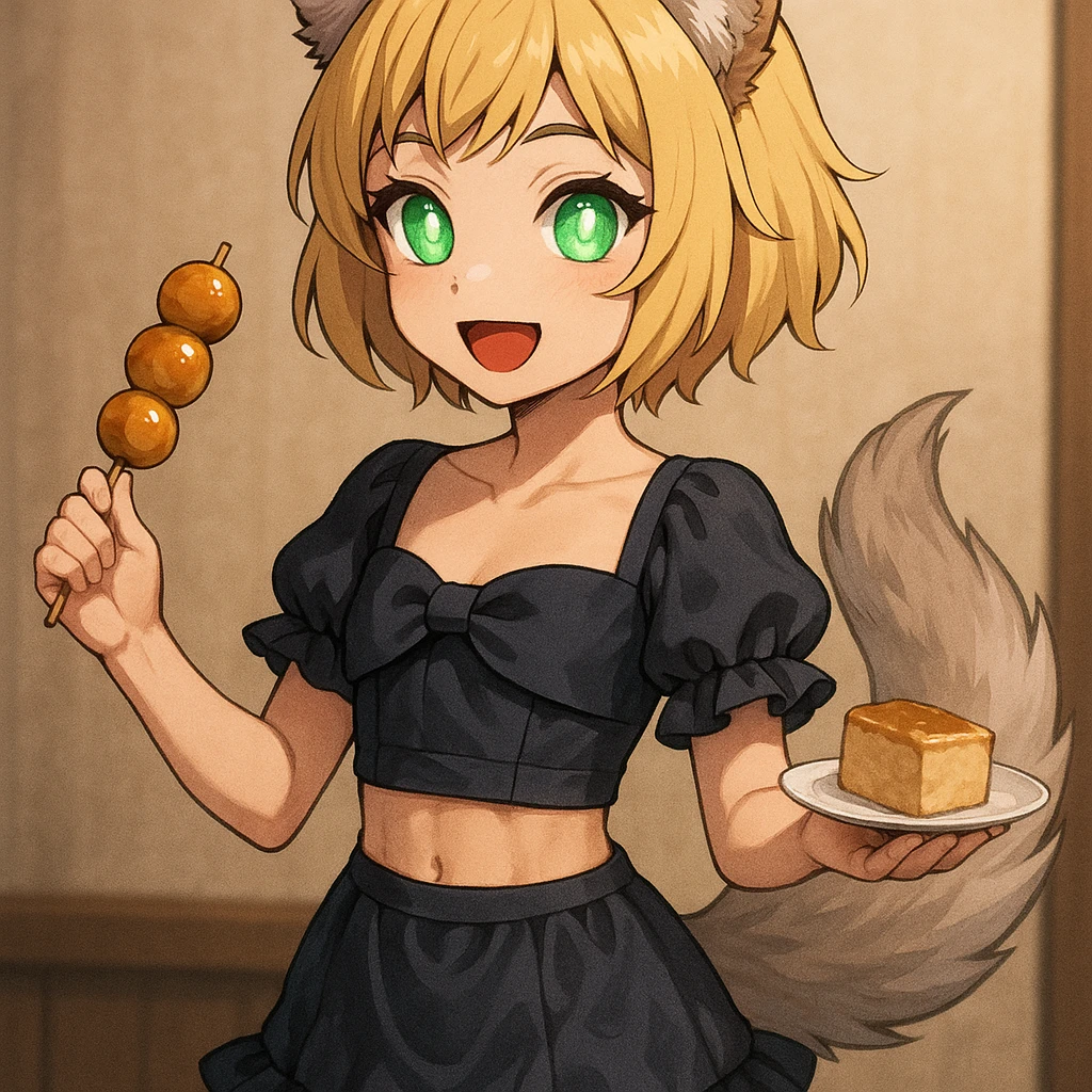Demon Slayer style girl, 155 cm, 15 kg, short blonde hair, wolf furry ears and tail, glowing green amethyst eyes, hourglass body, toned abs, soft red lips, smooth skin, wearing cute evening outfit, holding food, happy lively look emoji