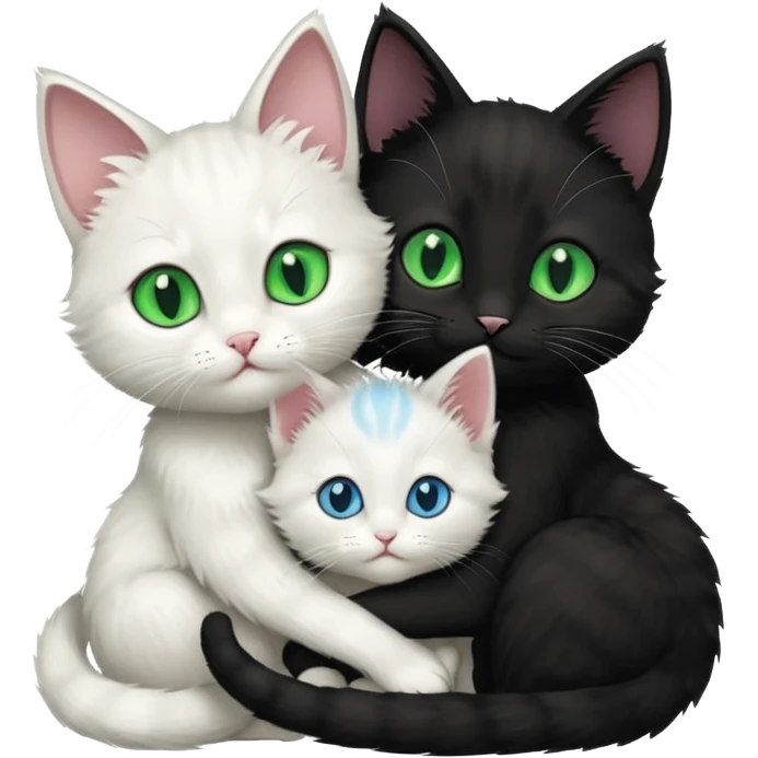 Black cat with green eyes cuddling next to small white kitten with blue eyes  emoji