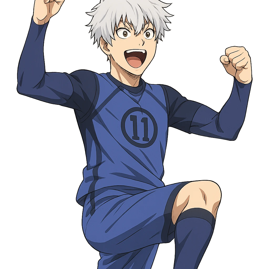 Nagi Seishiro from Blue Lock, anime style, celebrating a goal, white hair, blue uniform, energetic expression emoji