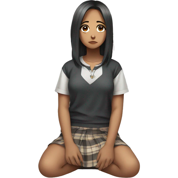 anime girl sad full body, Mini skirt, sits on the floor straight view emoji