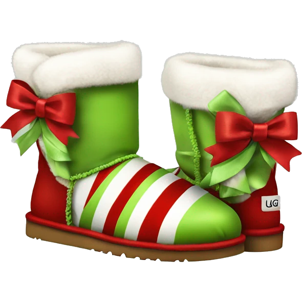 Realistic red and white striped Ugg boots with fur and peridot green silk ribbon bows.   emoji