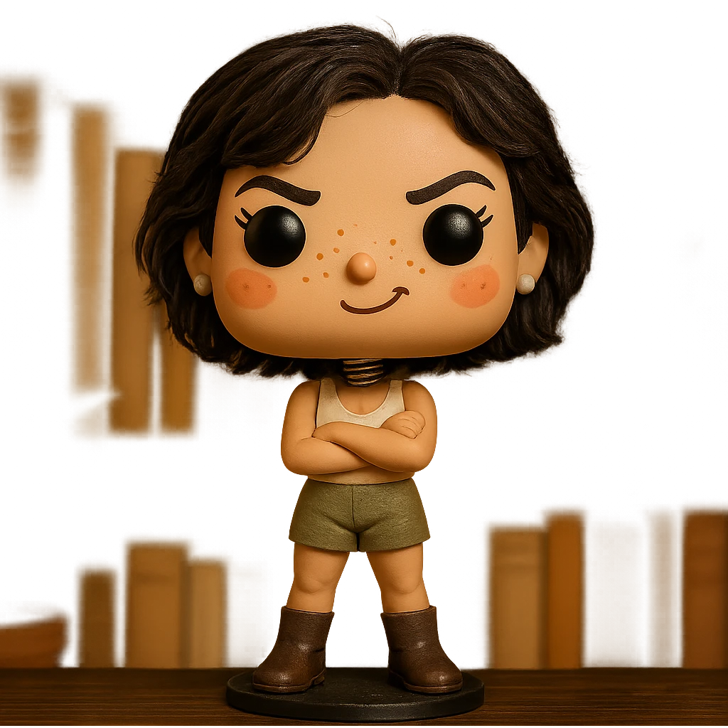 Enhance the previous Funko Pop style image by adding more realistic and textured details to the hair: dark brown messy bob cut with visible strands and volume effect, while maintaining the Funko Pop style. Transparent background. emoji