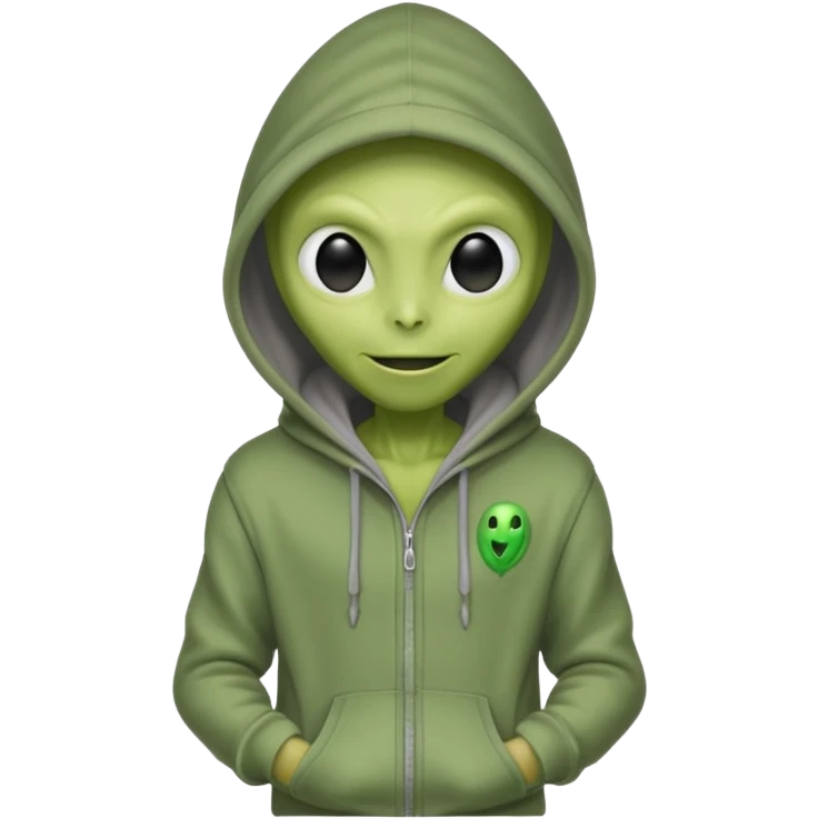 green alien in gray hoodie full height, wear hoodie hat, happy emoji