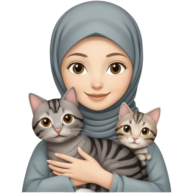 White girl wearing hijab holding a black grey tabby cat while smiling emoji