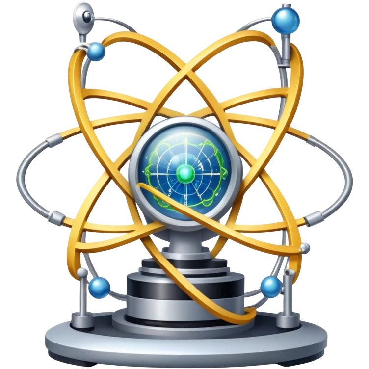 An icon featuring a large particle collider, atom symbols, and energy waves, symbolizing the field of physics. The design includes a lab setup with scientific equipment, representing experiments and fundamental forces of nature. Transparent background highlights the exploration of matter and energy. emoji
