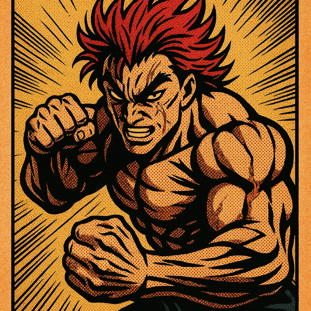 Yujiro Hanma, bold comic book style, intense pose, dramatic shadows, red spiky hair, signature scars emoji
