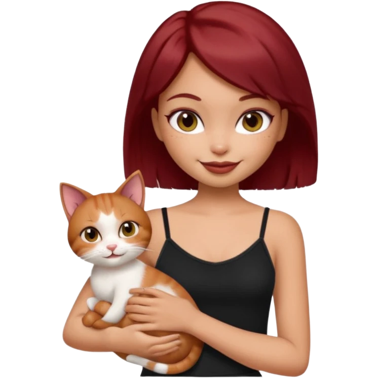 generate a pretty fair bratz girl with short dark red hair holding a cat smiling. Wearing a black cami emoji
