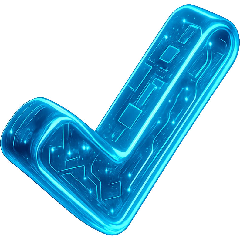 A glowing neon blue cyberpunk style checkmark icon with a circuit board pattern, futuristic design emoji