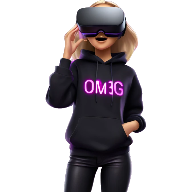 Russian girl wearing black hoody with violet letters "OMG", in vr headset oculus quest2. Dancing. Cyberpunk style. Violet neon. emoji