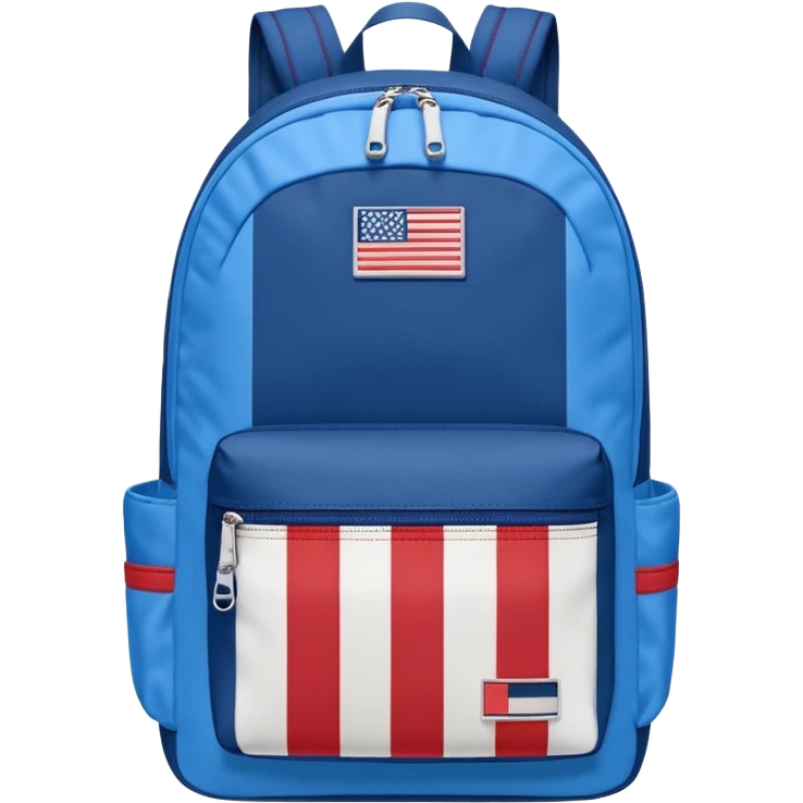 simple blue backpack, at the bottom pocket there is a  one tommyjeans logo featuring a Tommy Jeans-inspired logo. The logo looks like a vertically-striped American flag in red, white. The flag stripes are vertical, not horizontal. Flat

 emoji
