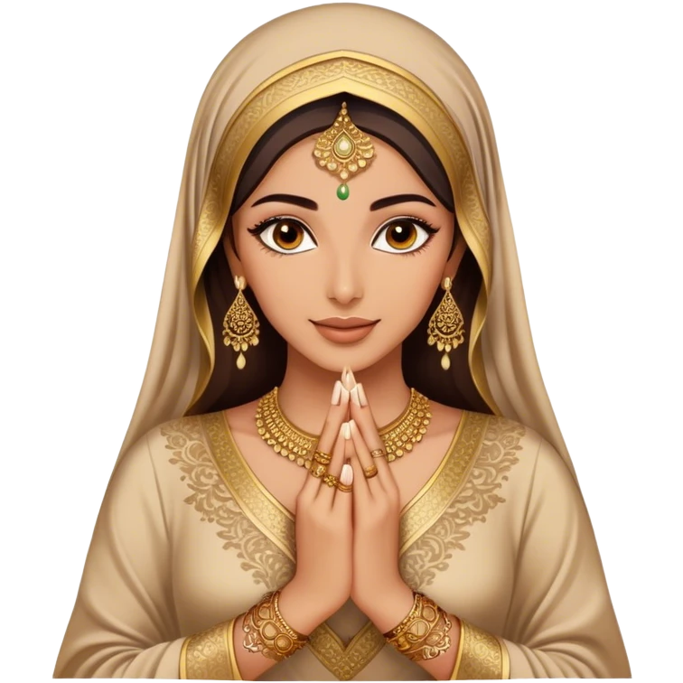 An Arab woman,showcasing her beautifully adorned hands with intricate henna designs  and long, elegant nails. She wears multiple gold rings that complement her shimmering golden Arabic traditional abaya emoji