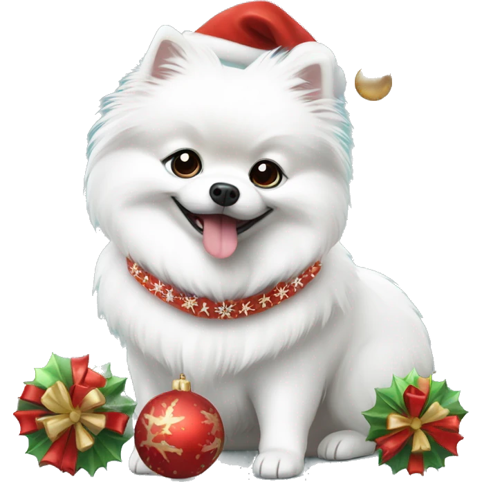 White dog Pomeranian spitz with Christmas decorations  emoji