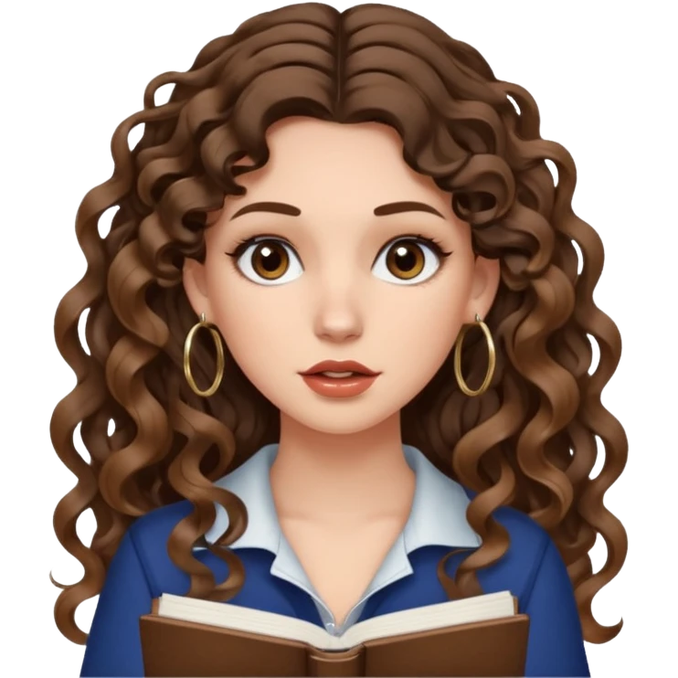 cute girl with not volominous VERY LONG curly/wavy brunette hair with balayage, brown eyes, full lips, natural clean girl makeup and hoop earrings white girl: super desperate studying emoji