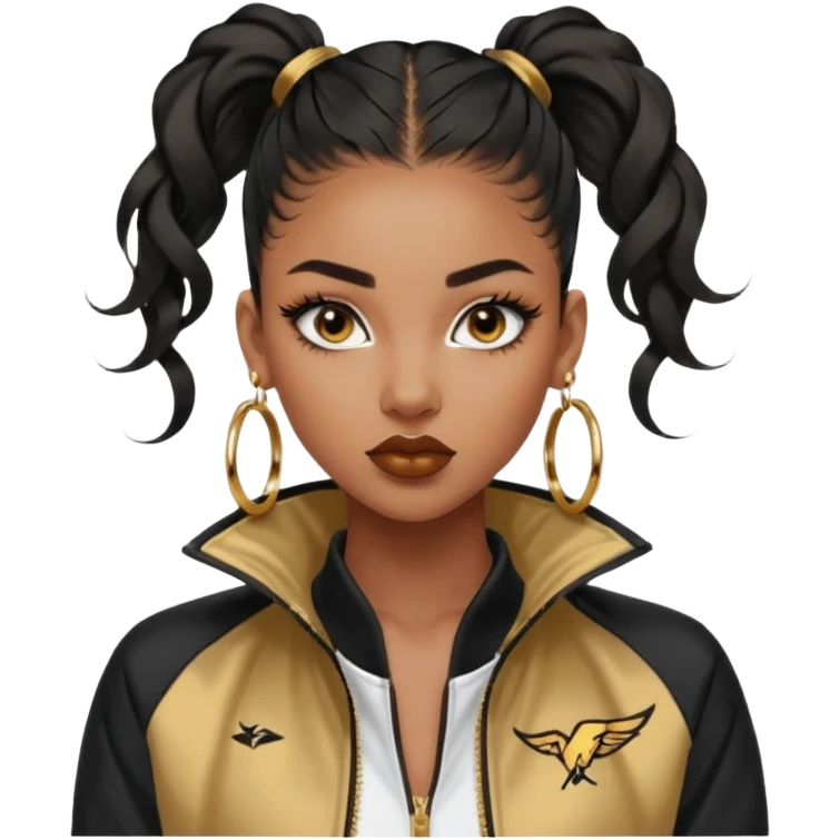 “black Emoji girl, fierce confident expression, sharp black winged eyeliner, bold brows, matte nude lips, long curled lashes, sleek high ponytail, gold hoop earrings, sporty streetwear jacket.” emoji