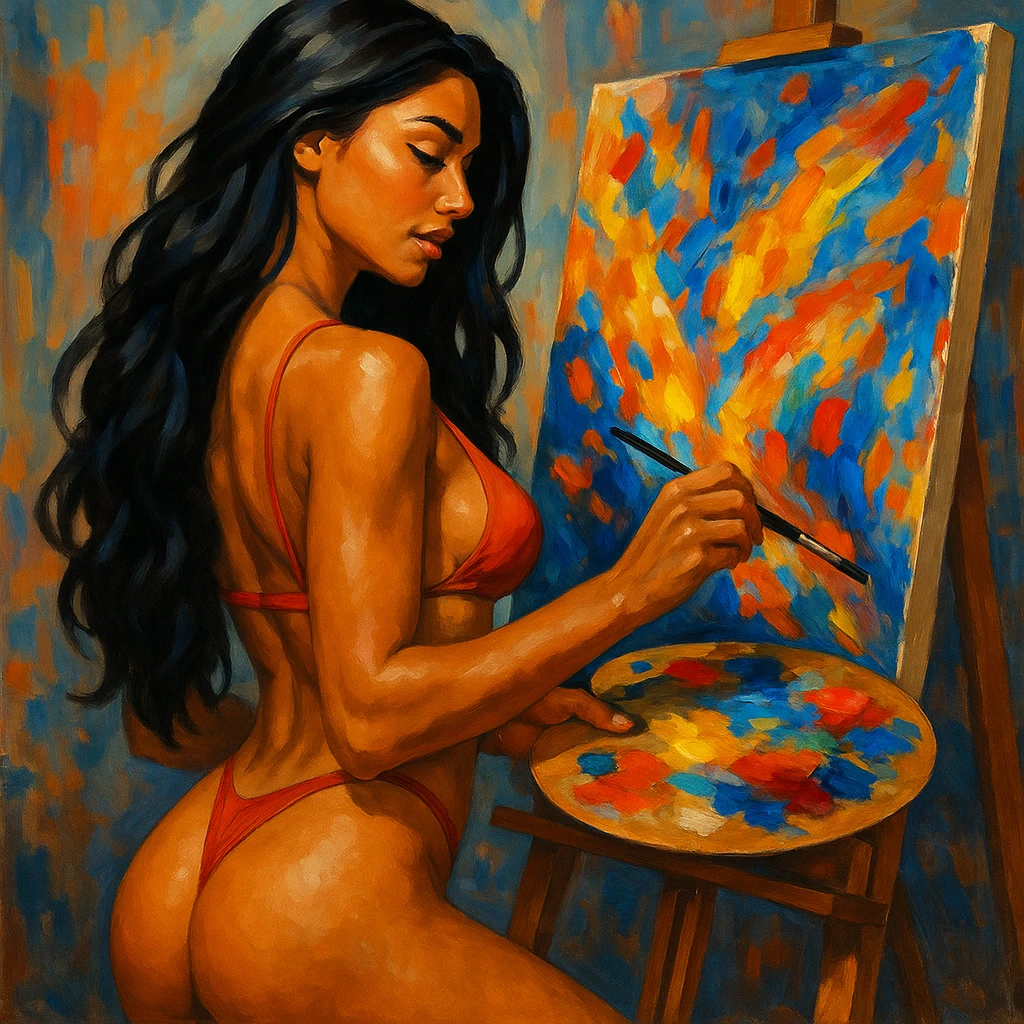 sexy tanned woman artist with long black hair, painting a masterpiece at an easel, holding a paint palette and brush, vibrant colors, in general style emoji