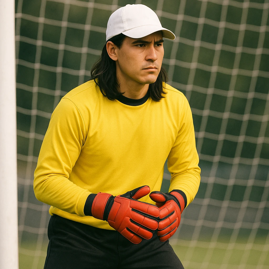 portero de fútbol con camiseta amarilla, gorra blanca, pelo largo negro, pantalón negro, guantes rojos y rostro serio, estilo realista simplificado emoji