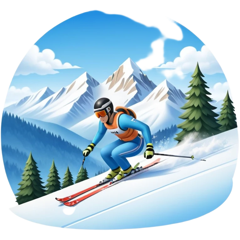 An icon featuring snowy peaks, pine trees, and a picturesque mountain landscape with a skier racing down a snow-covered slope, The sky is blue with soft clouds, capturing the thrill and beauty of alpine skiing. Transparent background highlights the excitement and serenity of winter sports. emoji