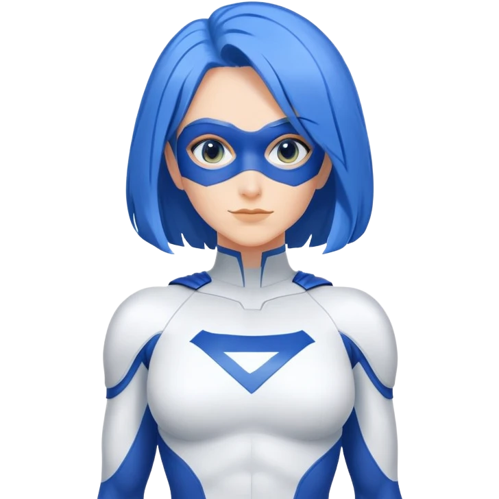 24x24 emoji close-up of a friendly woman with blue hair in a minimalist, saturated blue and white superhero suit. Large blank chest area for logo. Clean face with only eyes, nose, and mouth.  emoji