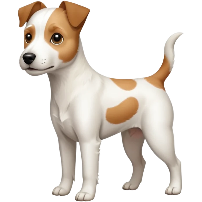 a full body white parson russell looking dog the size of a kelpie with light brown ears and a light brown patch on one eye and a large snout emoji