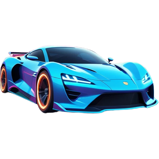 An icon showing a sleek car speeding through a neon-lit cityscape, inspired by Need for Speed. The design features dynamic motion lines, glowing tires, and a vibrant city backdrop with skyscrapers and lights. The rush of high-speed racing is highlighted. Transparent background. emoji