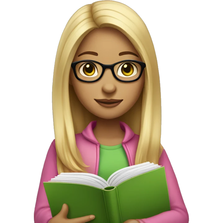 Girl with medium light skin, green eyes and long blonde hair and glasses reading a pink book emoji