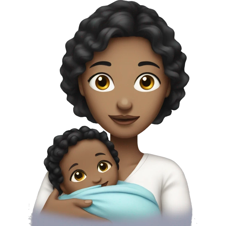 mom holding newborn baby girl with blue eyes white skin black hair and white skin newborn emoji