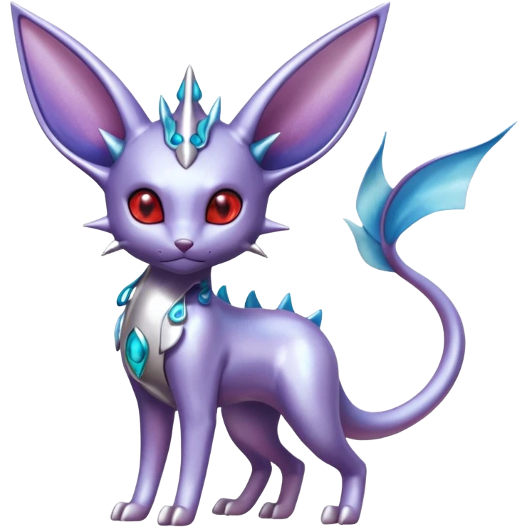 Mechanical Silvery Iridescent Miraidon-Espeon-Mewtwo-Vaporeon-Fakémon-hybrid-creature (full body)  with red eyes and intricate markings emoji