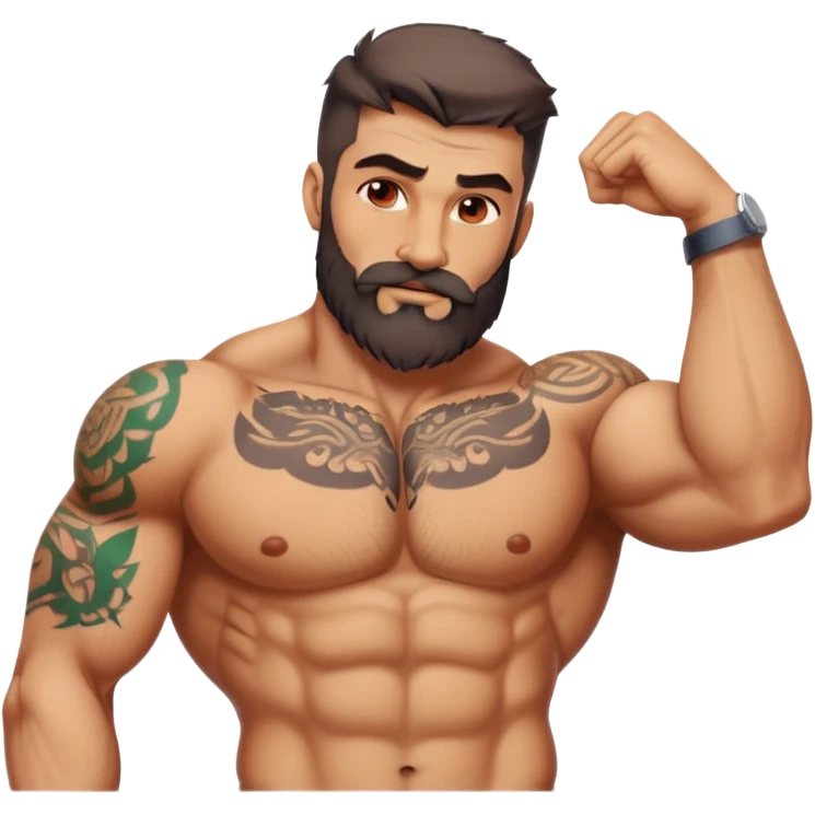 the sexiest italian man that is unbelievably muscular, some wrinkles on his face, rough beard, and tattoos on his upper body and neck emoji