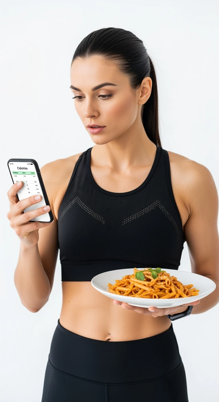 donna fitness che calcola ossessivamente le calorie di quello che sta mangiando: in mano ha un piatto di pasta e nell'altra mano ha lo smartphone per segnare tutti gli alimenti, sfondo bianco emoji