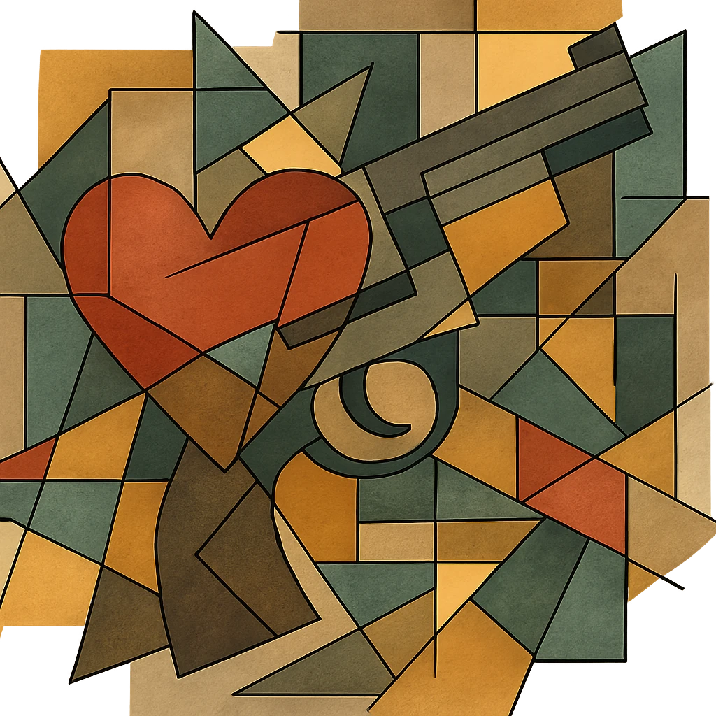 heart gun, cubist abstraction style, geometric shapes, abstract emoji