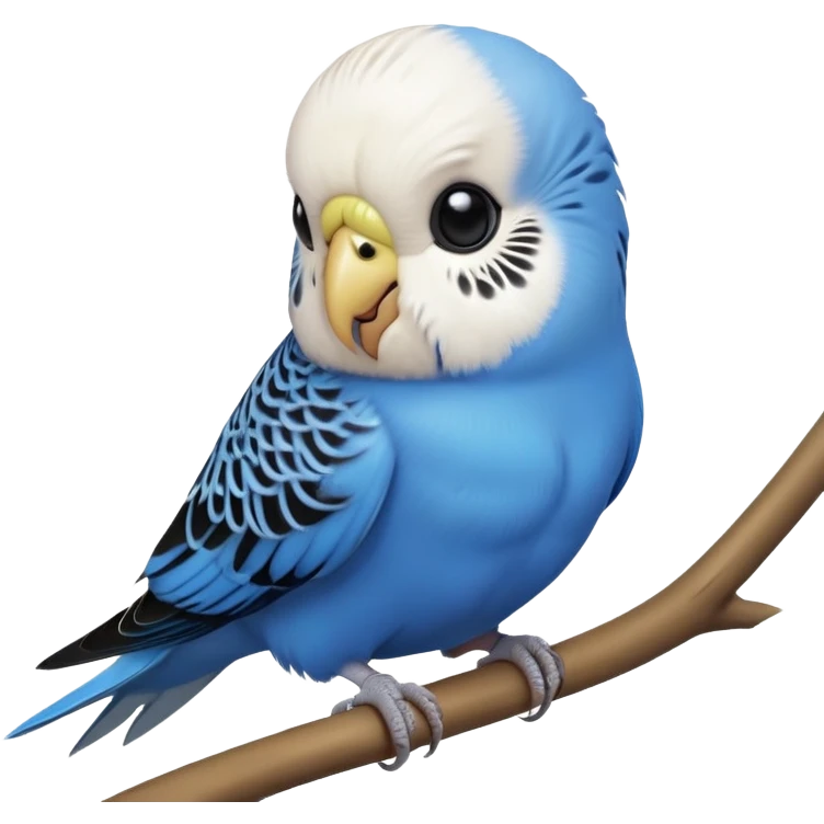 cinematic-cute-blue-budgie-portrait-emoji,-head-tilted-playfully-and-inquisitively,-featuring-a-brilliant-blue-feathered-fur-and white and black feathered face-with-a-natural-sheen,-round,-sparkling-dark-eyes-filled-with-curiosity,-simplified-yet-irresistibly-adorable emoji