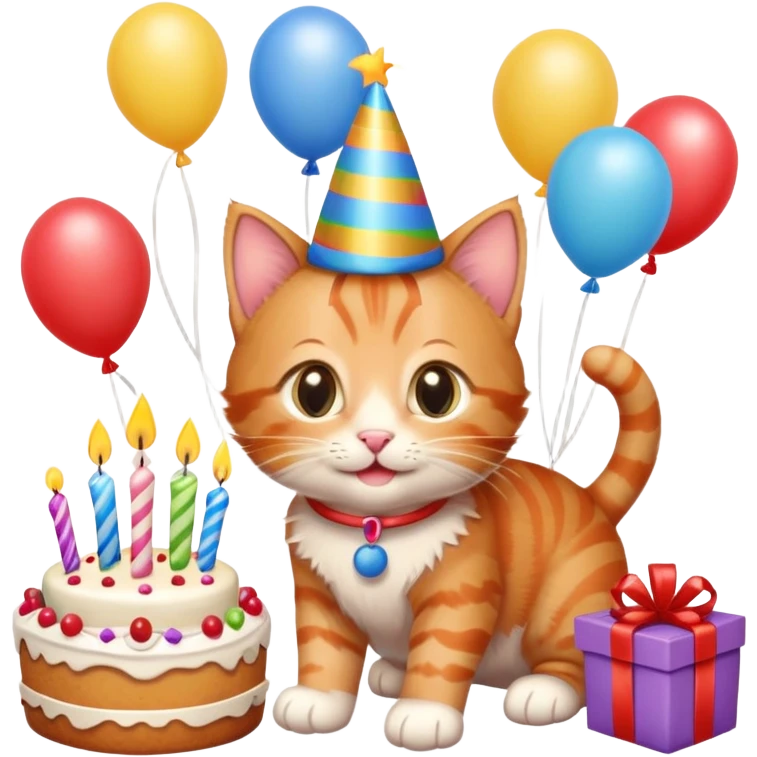 Ginger tabby kitten celebrates birthday, birthday hat, birthday cake, one candle, balloons, happy, gifts emoji